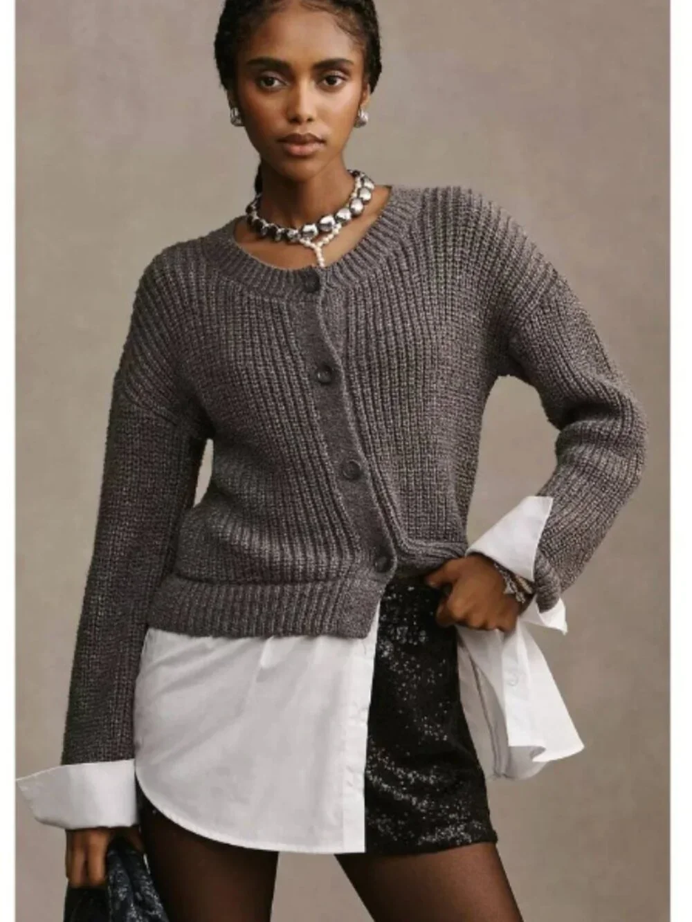 By Anthropologie Cropped Twofer Cardigan M Gray Shirt Hem Academia Preppy Oxford